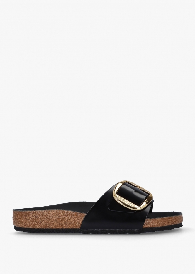 Womens Madrid Big Buckle High Shine Leather Sandals in Black